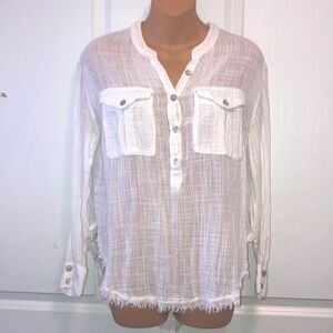 FREE PEOPLE White Gauze Long Sleeve Shirt Boho Top Chest Pocket Semi Sheer XS